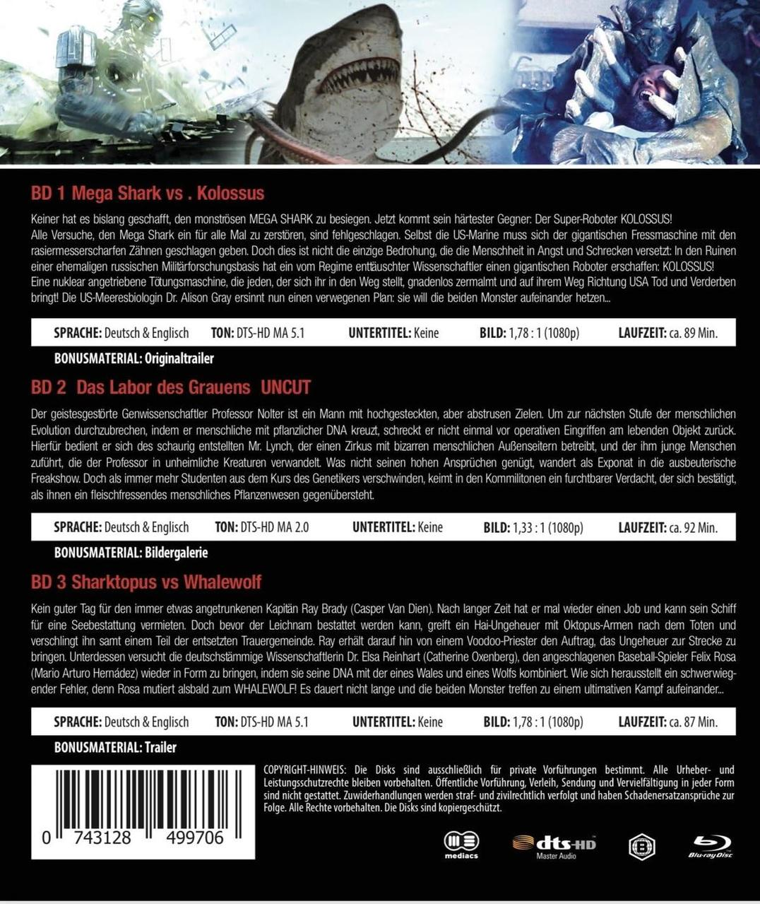 Filmcover: Hai, Roboter und Text. Titel sind Mega Shark vs. Kolossus, Das Labor des Grauens und Sharktopus vs Whalewolf.