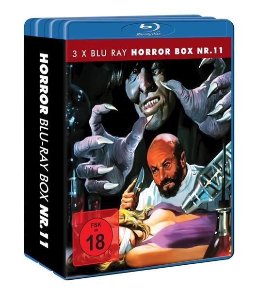 Blu-ray-Boxset mit Horrorszenen. Ein gruseliges Monster, ein kahler Arzt und eine Frau auf einem Tisch sind abgebildet.