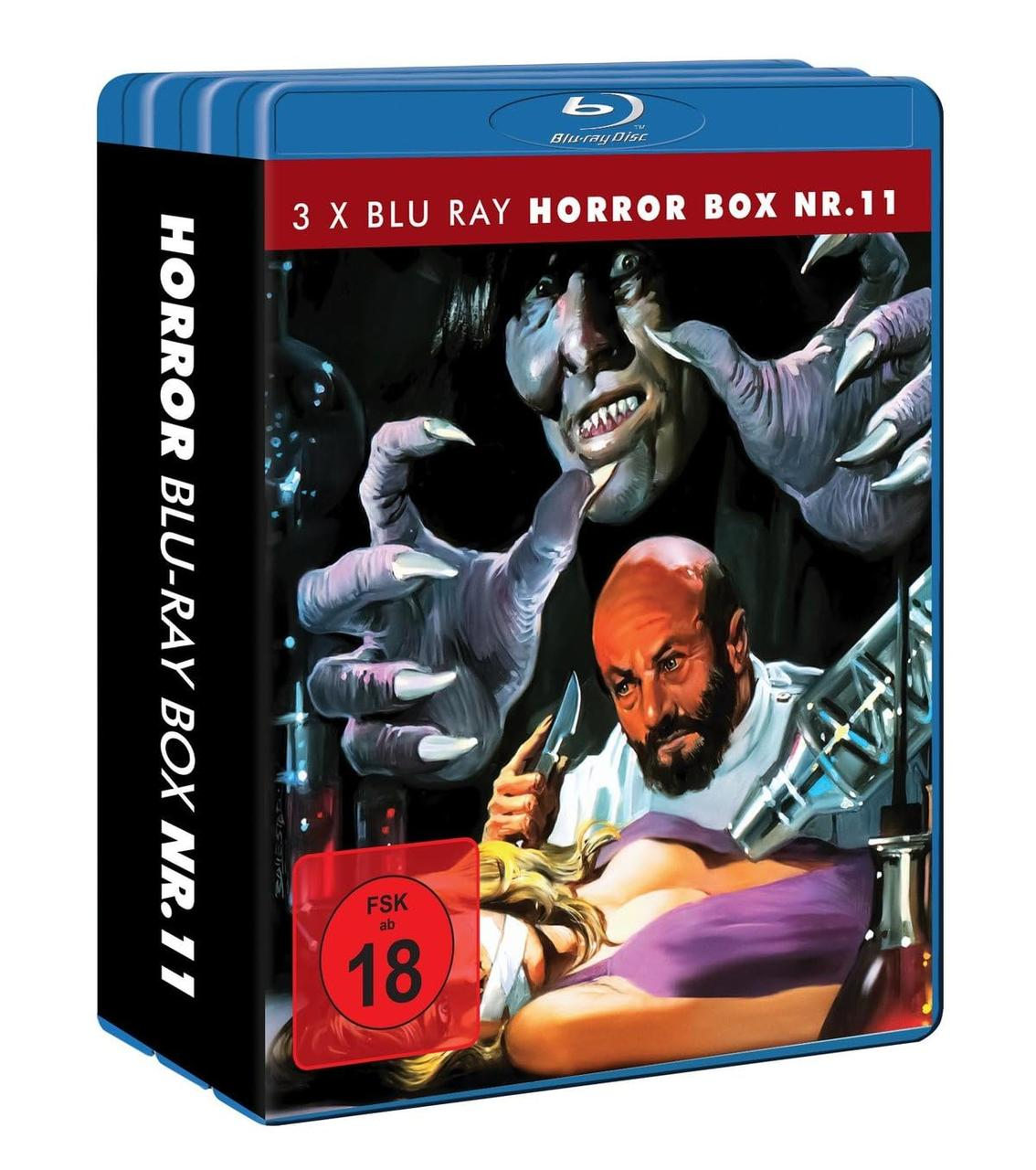 Horror Blu-ray Box. Ein Monster mit Krallen thront über einem Arzt, der ein Messer hält. Eine Frau liegt auf einem Tisch.