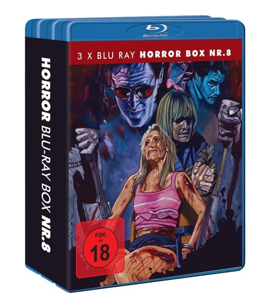 Horror Blu-ray-Box. Das Cover zeigt eine Frau in einem rosa Tanktop, Gesichter von Männern und die Worte 'HORROR BOX NR.8'.