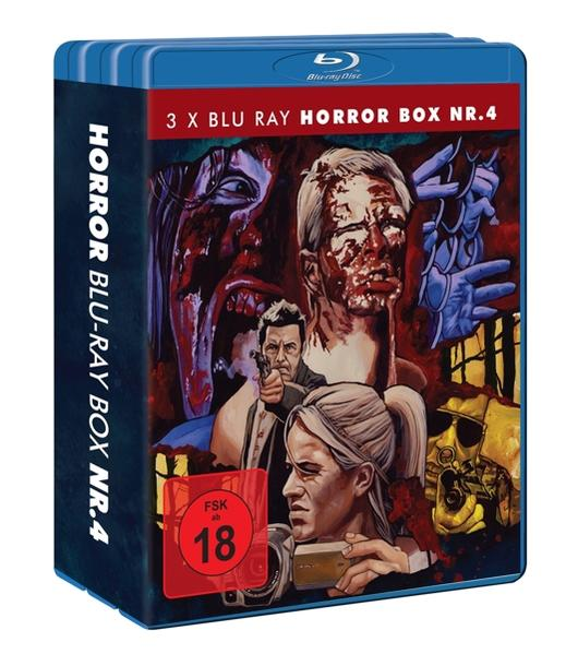 Horror Blu-Ray Box-Set. Kunstwerk zeigt Gesichter mit Blut und eine Person mit Kamera. Enthält FSK 18 Label.