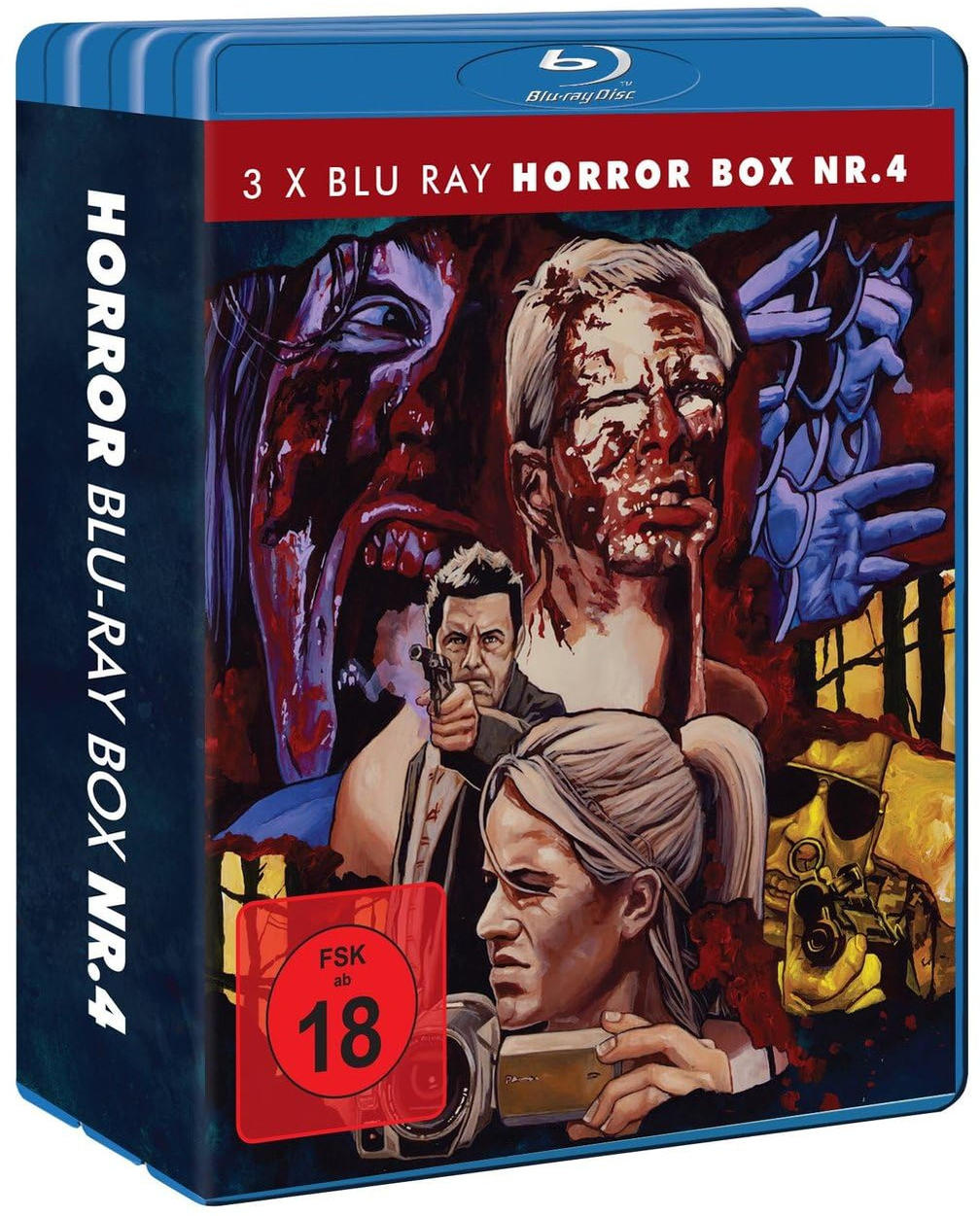 Blu-ray-Box-Art mit Horrormotiv. Enthält blutige Gesichter, einen Mann mit einer Waffe und eine Frau mit einer Kamera. Die Box ist blau.