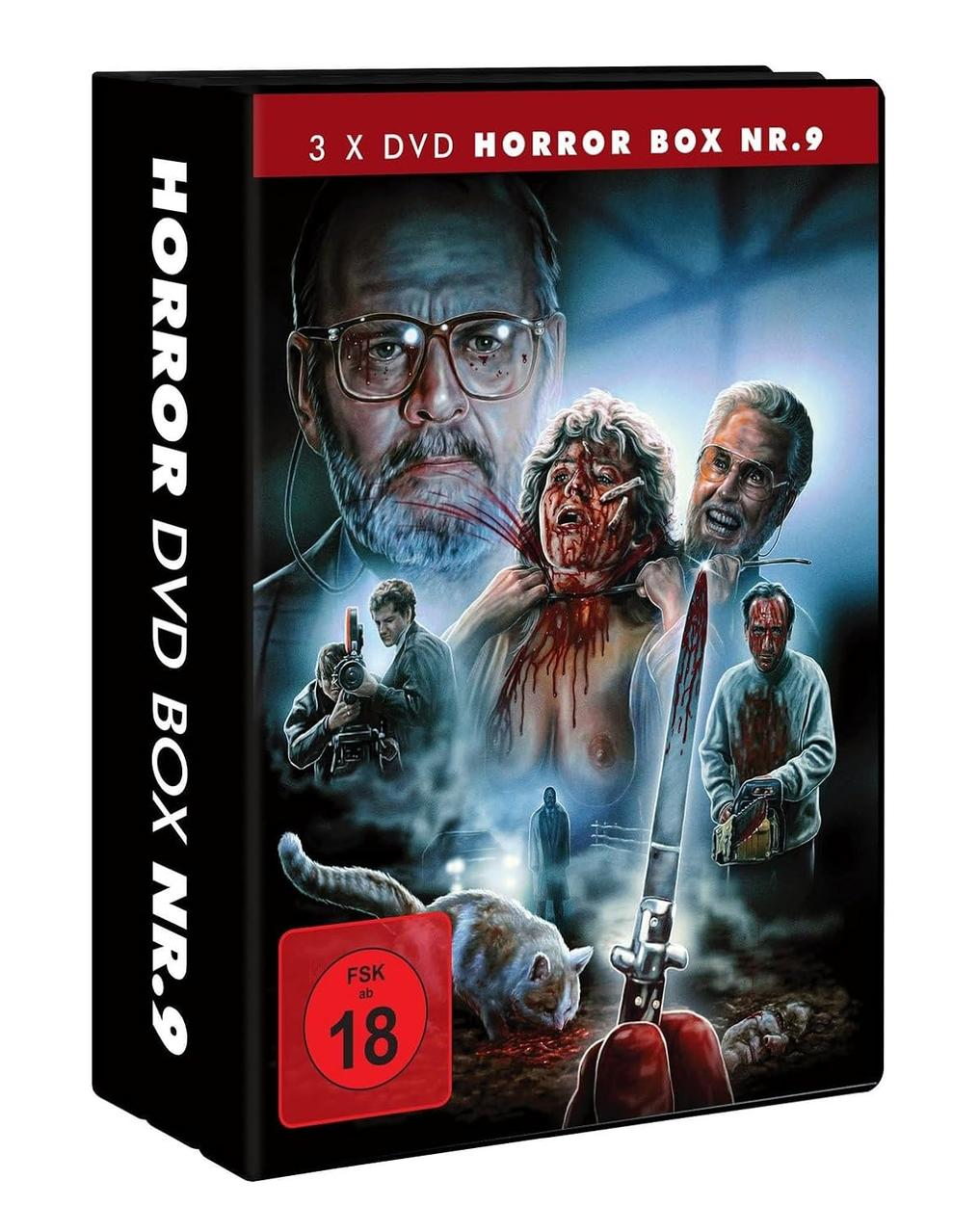 Horror-DVD-Box mit Gewaltbildern: blutige Gesichter, Messer, Katze und Bewertung 18. Titel: Horror DVD Box Nr.9.