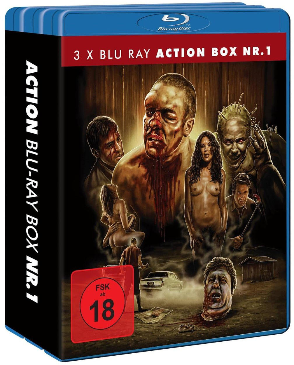 Blu-ray-Box-Art mit blutigen Gesichtern, nackter Frau und Auto. Text: Action Blu-ray Box Nr. 1, FSK 18.