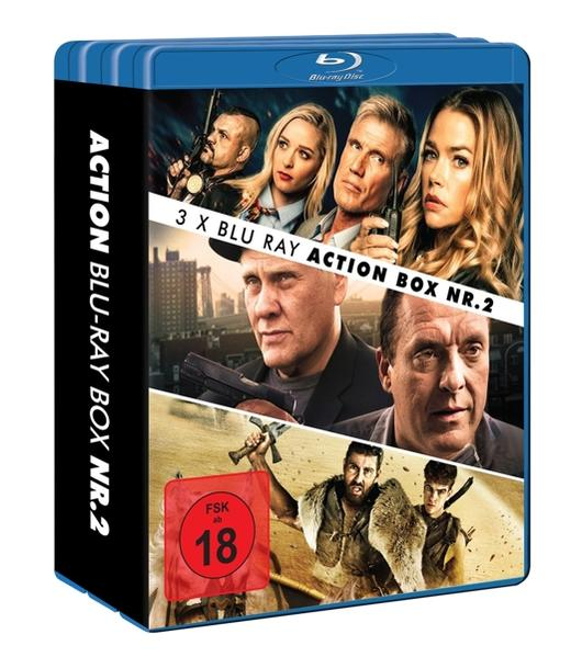 Blu-ray-Box-Set mit Action-Film-Schauspielern. Enthält den Text "3 X BLU RAY ACTION BOX NR.2" und einen roten FSK 18 Aufkleber.