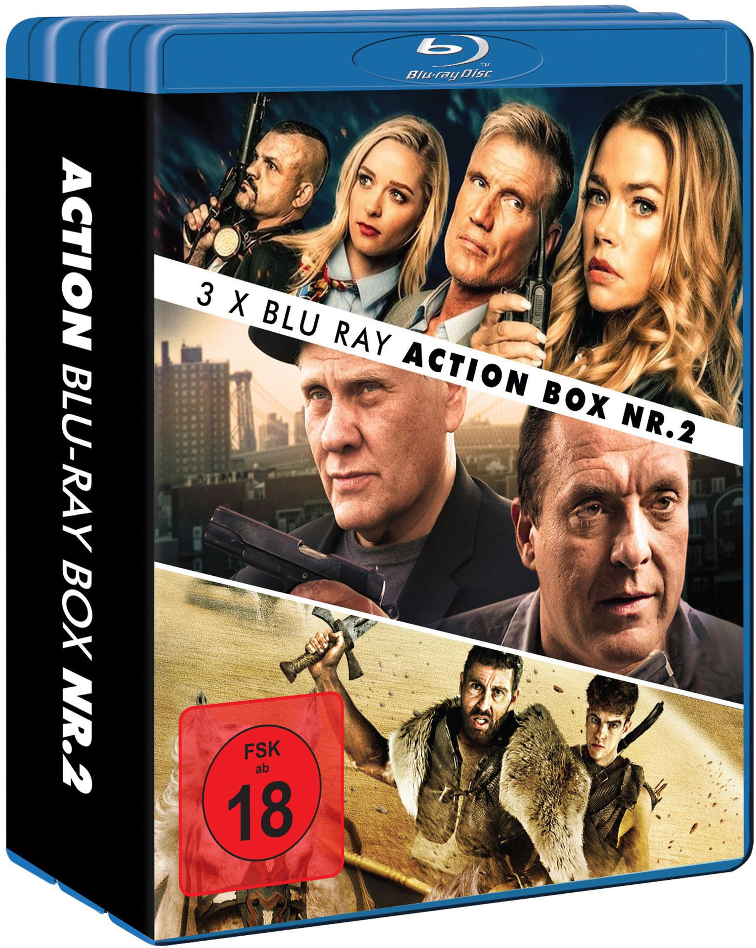 Blu-ray-Box-Set mit Actionfilmstars. Enthält eine rote FSK-18-Kennzeichnung. Zeigt Schauspieler mit Waffen und eine mittelalterliche Szene.