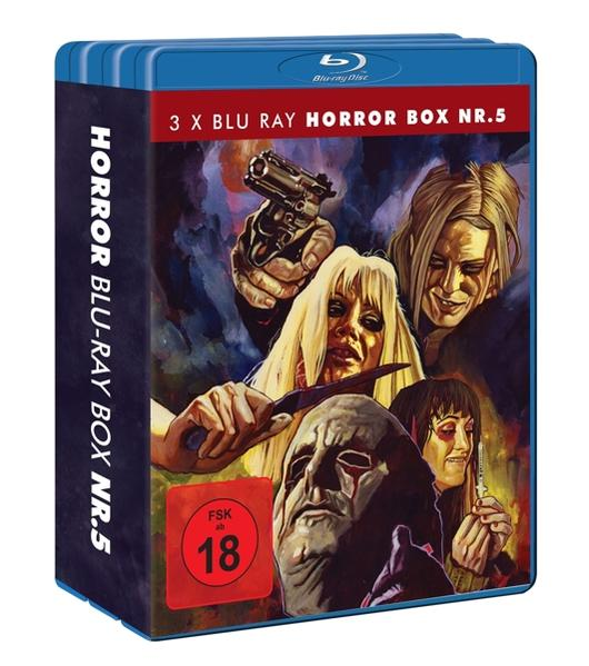 Horror Blu-Ray Box. Das Cover zeigt bedrohliche Figuren mit Waffen. Die Bewertung ist FSK 18.