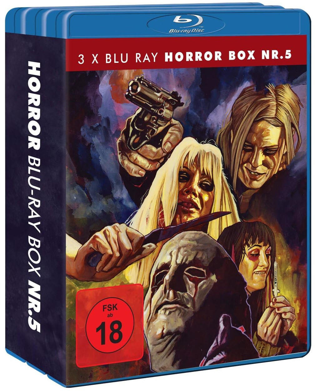 Blu-ray-Box-Art. Zeigt eine Pistole, ein Messer und Gesichter von Horrorfiguren. Text: 3x Blu-ray Horror Box Nr.5, FSK 18.