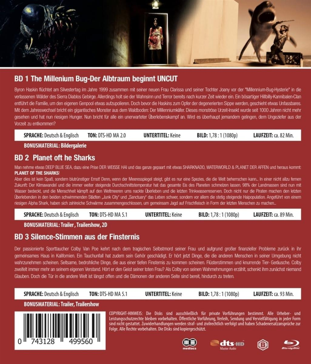 Filmcover mit Text und Bildern: Ein Hai greift eine Person an und ein Monster. Der Text enthält Filmtitel.