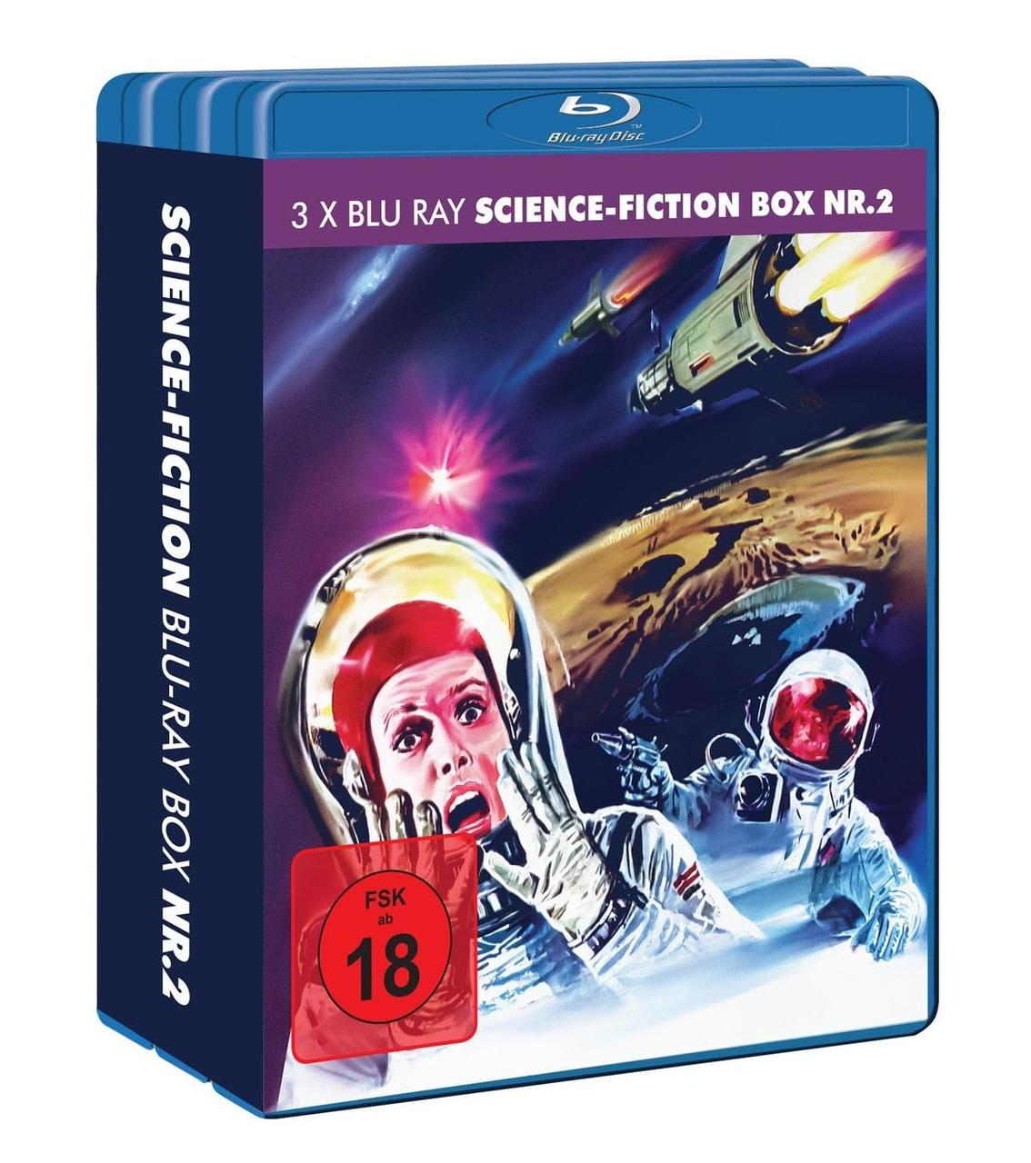 Blu-ray-Box-Kunst: Astronauten im Weltraum, einer schreit, ein Raumschiff und ein roter FSK 18-Aufkleber.