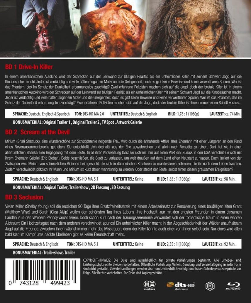 Filmcover. Text auf Deutsch über drei Filme mit ihren Titeln. Blu-ray- und DTS-HD-Logos befinden sich unten.