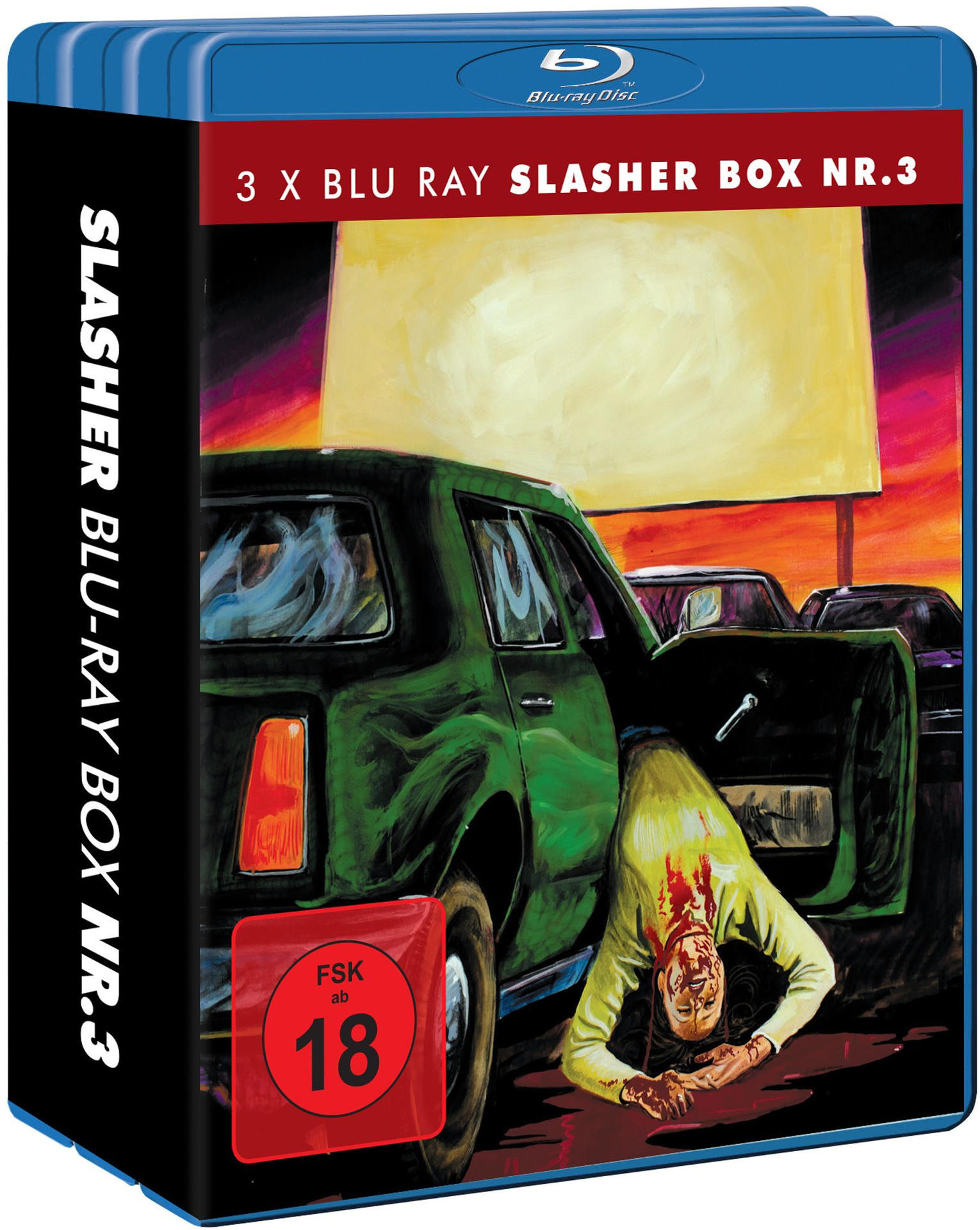 Blu-ray-Box-Art: grünes Auto, blutige Figur, gelbes Schild und andere Autos. Text: 'Slasher Box NR.3', 'FSK ab 18'.