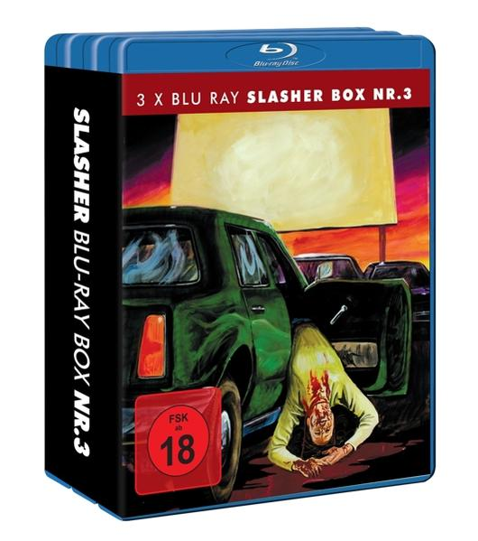 Blu-ray Box: grünes Auto, Mann mit Blut, gelbes Licht. Slasher-Box, Bewertung 18.