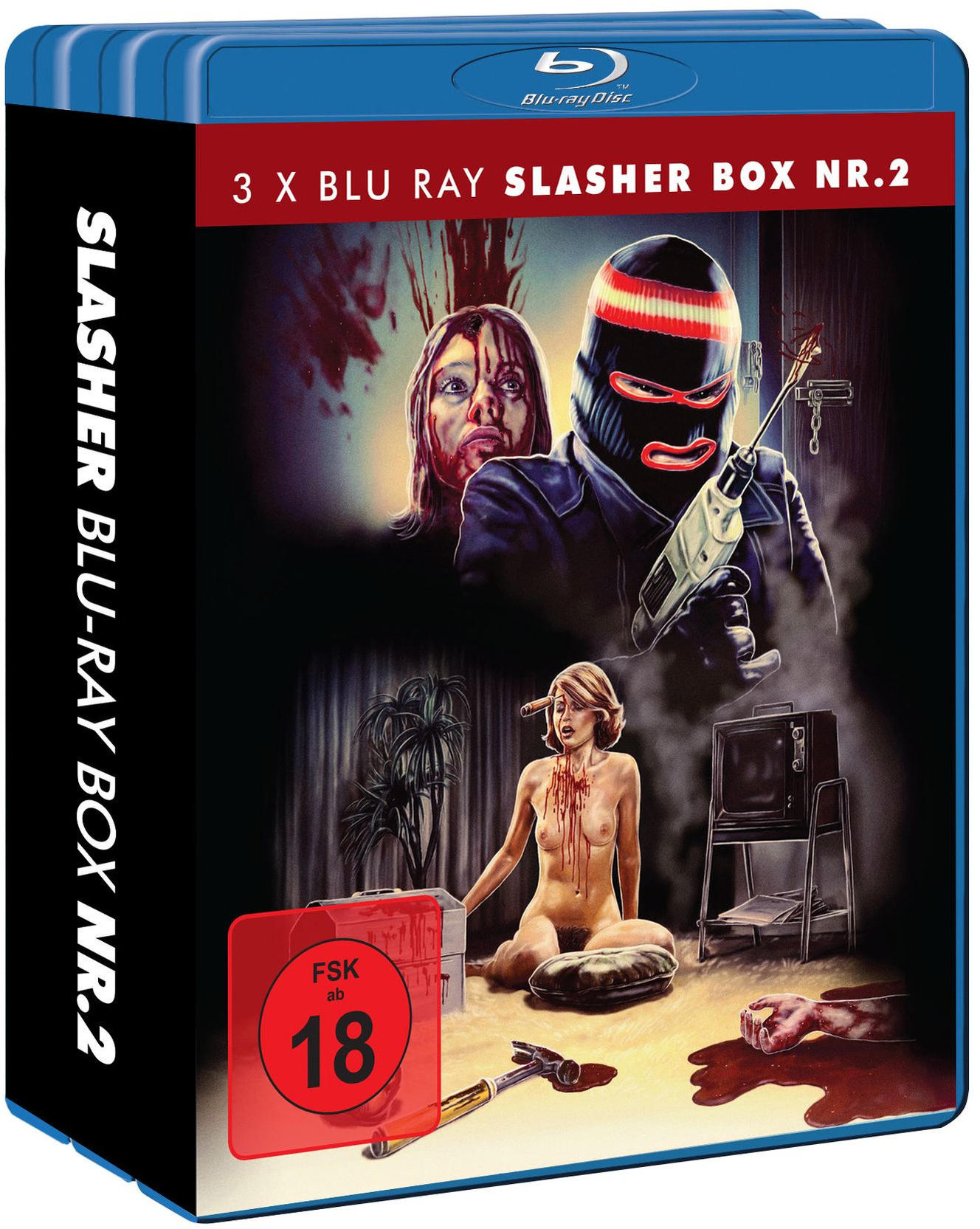 Blu-ray-Box-Art: Slasher-Thema mit blutigen Bildern, einer maskierten Figur und einer nackten Frau. Enthält Inhalte für Erwachsene.