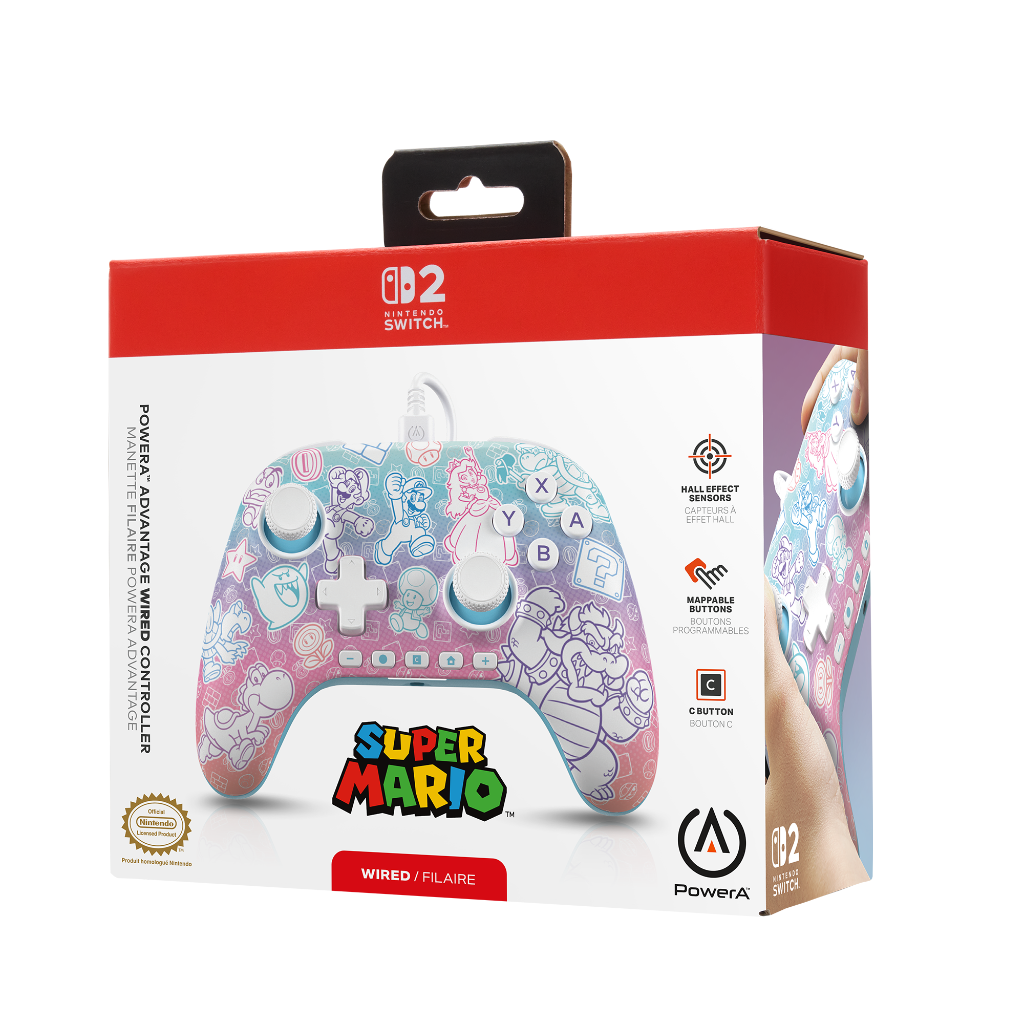 Super Mario kontrolcüsü olan bir kutu. Kontrolcüde Mario karakterleri var. Kutuda Nintendo Switch logosu ve PowerA logosu var.