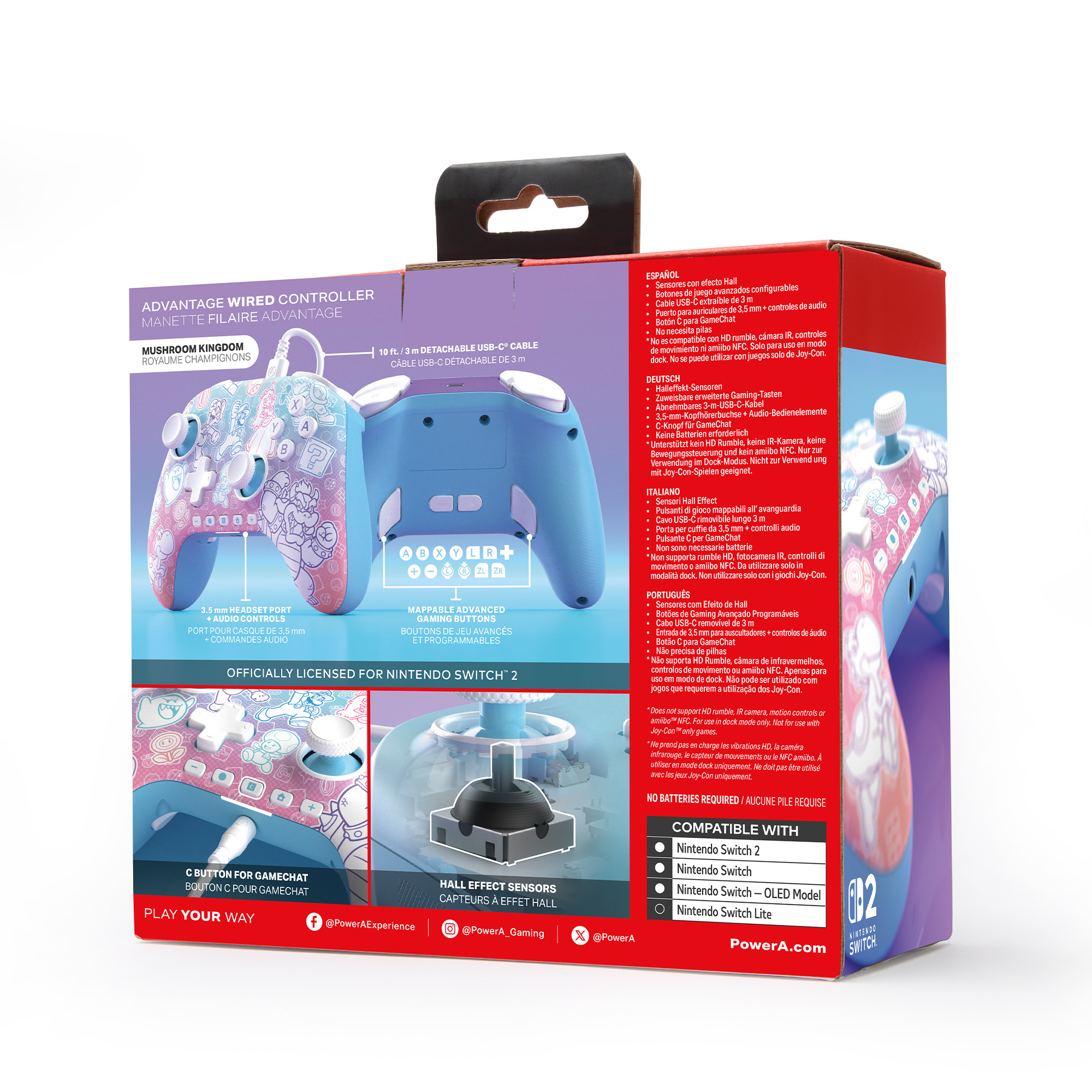 Mavi kablolu Nintendo Switch denetleyicisi. Mushroom Kingdom tasarımı, düğmeler ve çıkarılabilir USB-C kablosu içerir.