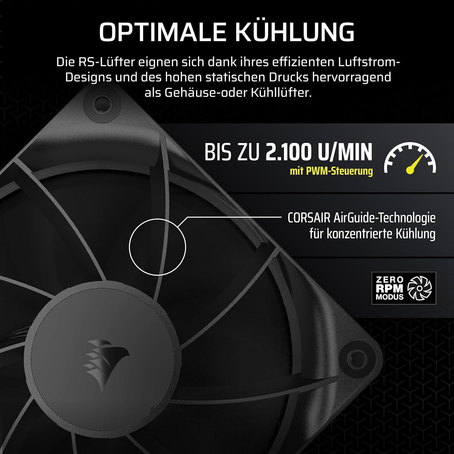 Ein schwarzer Computerlüfter mit Text über optimale Kühlung und Geschwindigkeit. Verfügt über Corsair AirGuide-Technologie und Zero RPM-Modus.