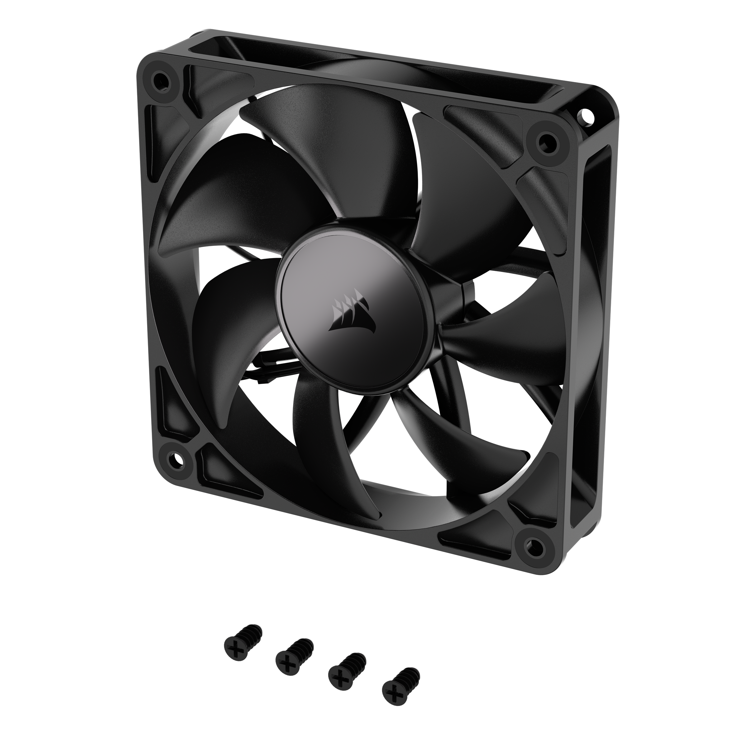 Ein schwarzer Computerlüfter mit Flügeln. Schrauben darunter. Der Lüfter hat das Corsair-Logo in der Mitte.