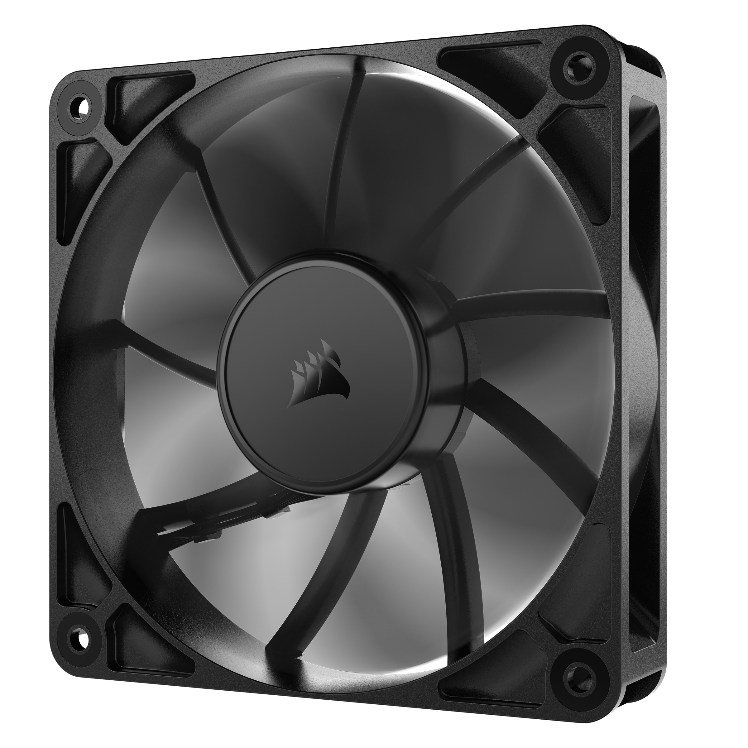 Schwarzer Computerlüfter. Er hat eine zentrale Nabe mit dem Corsair-Logo und mehrere gebogene Blätter.