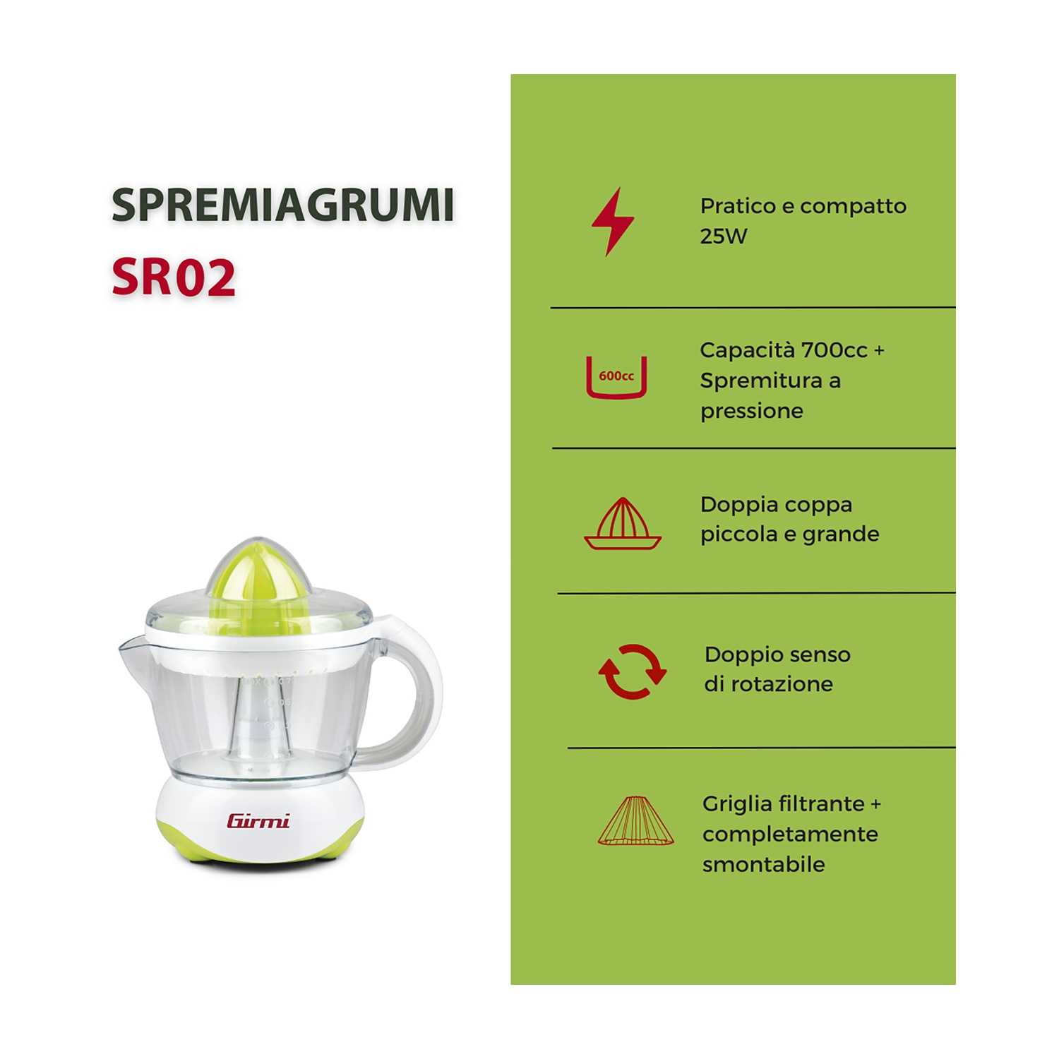 È mostrato uno spremiagrumi elettrico. È bianco e verde con il marchio Girmi. Il testo verde a sinistra dice SPREMIAGRUMI SR02.