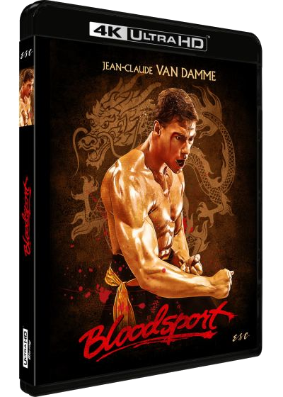 Couverture du DVD de Bloodsport. Jean-Claude Van Damme est en position de combat. Un dragon et le titre du film sont sur la couverture.