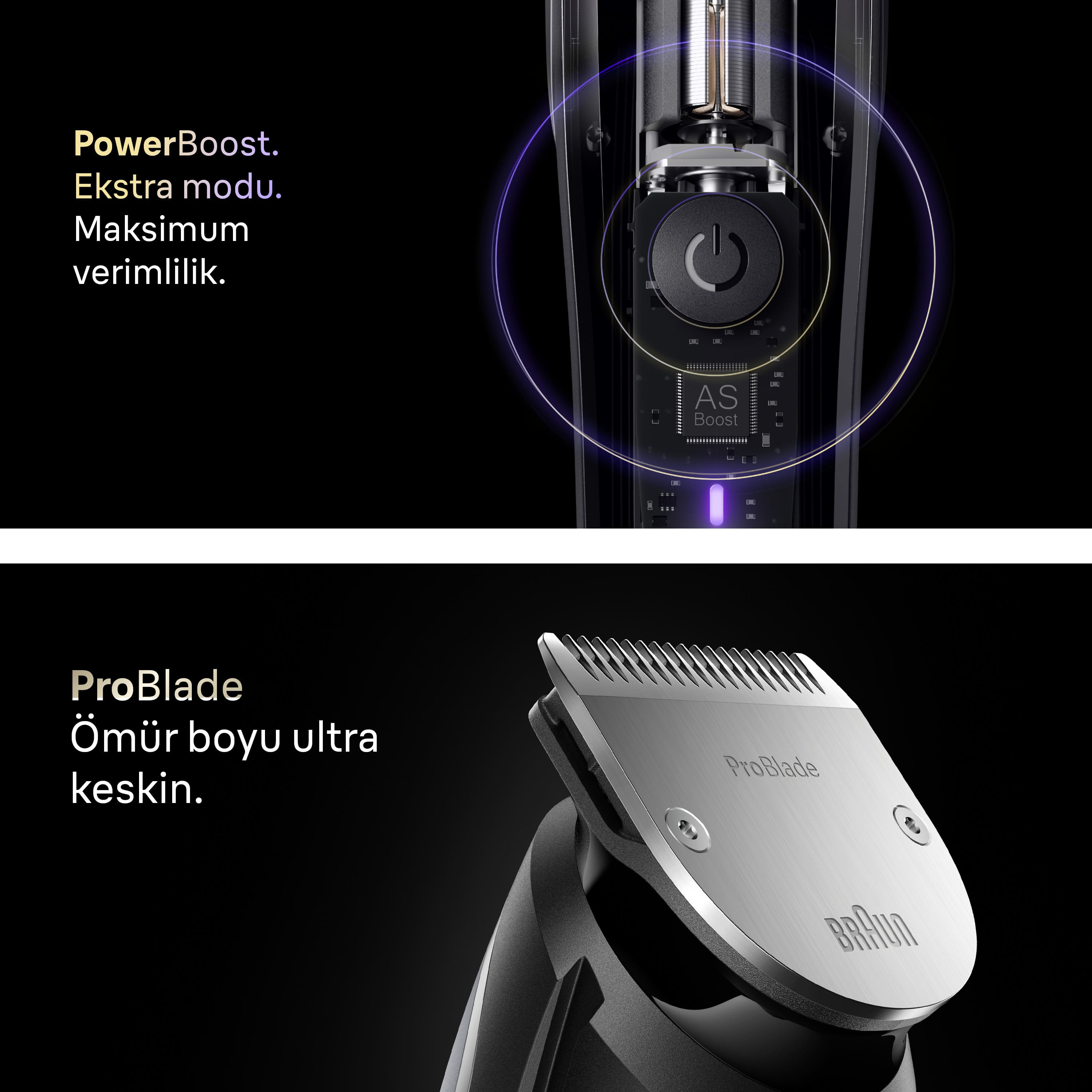 PowerBoost ve ProBlade yazılı elektrikli tıraş makinesi. Tıraş makinesinin gümüş rengi bıçağı ve siyah gövdesi var.