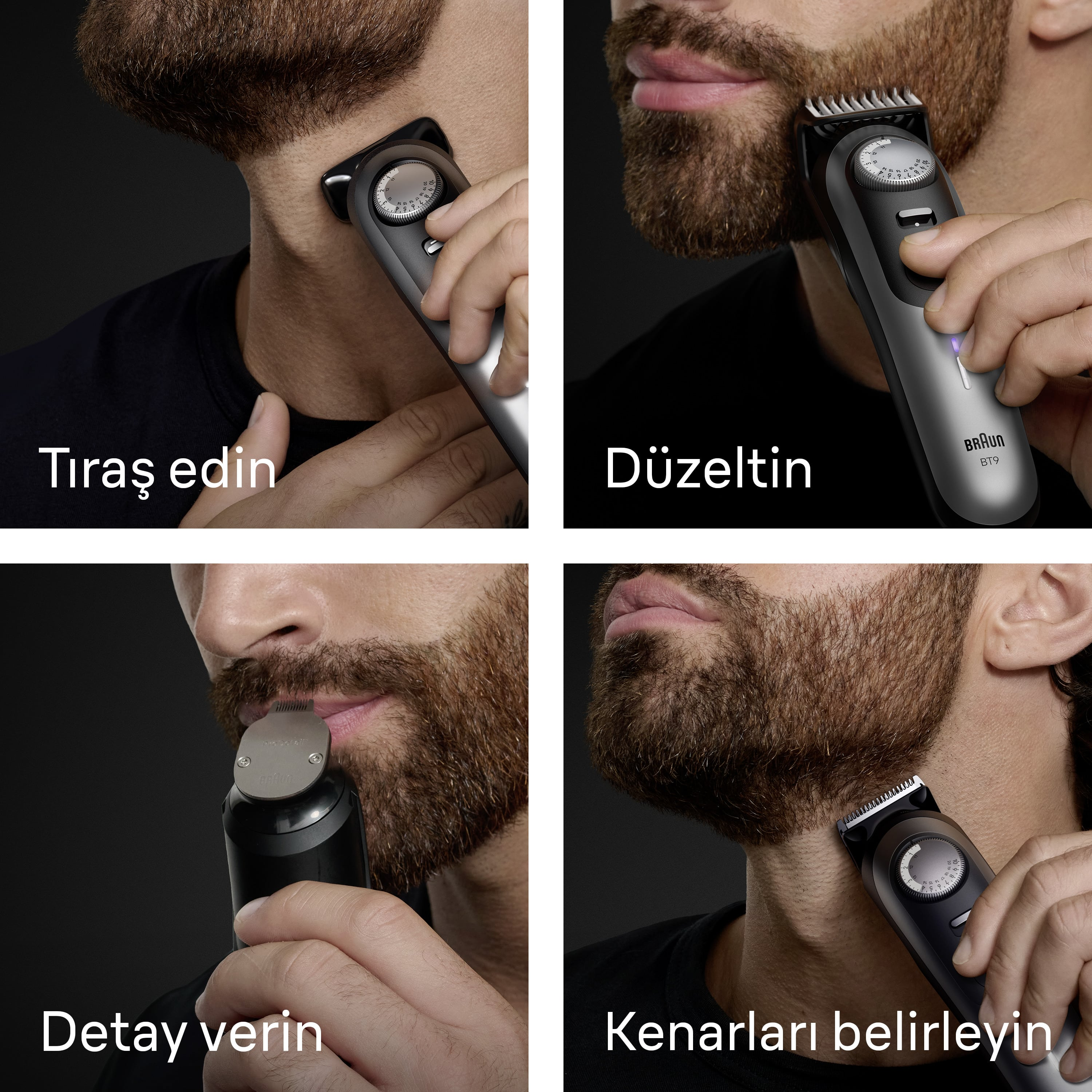 Dört resimde bir adamın Braun düzeltici ile sakalını kestiği görülüyor. Metin etiketleri: 'Tıraş et', 'Düzelt', 'Detay', 'Kenarları belirle'.