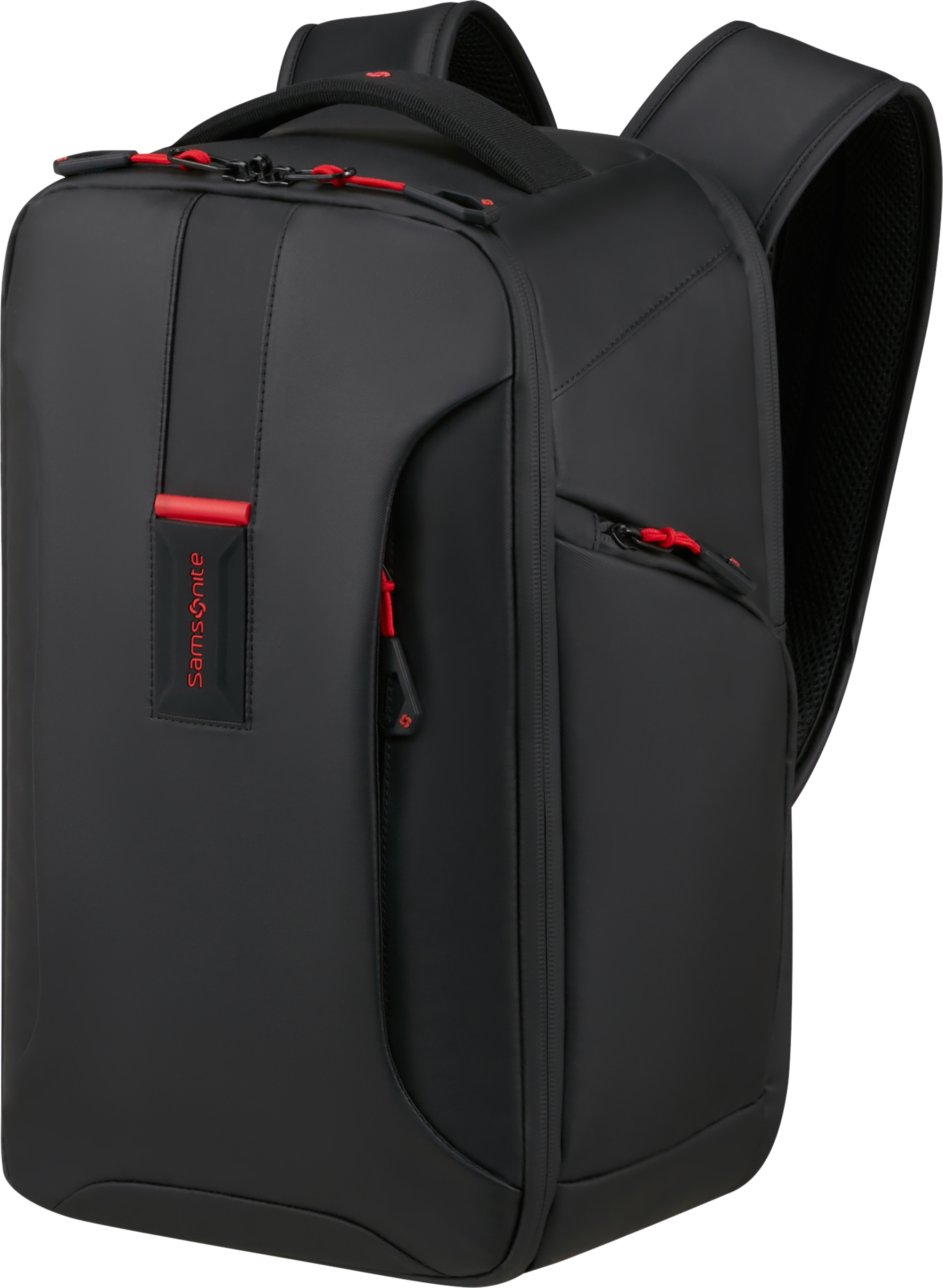 Fekete Samsonite hátizsák piros díszítéssel. Elegáns, több rekesszel, párnázott vállpántokkal.