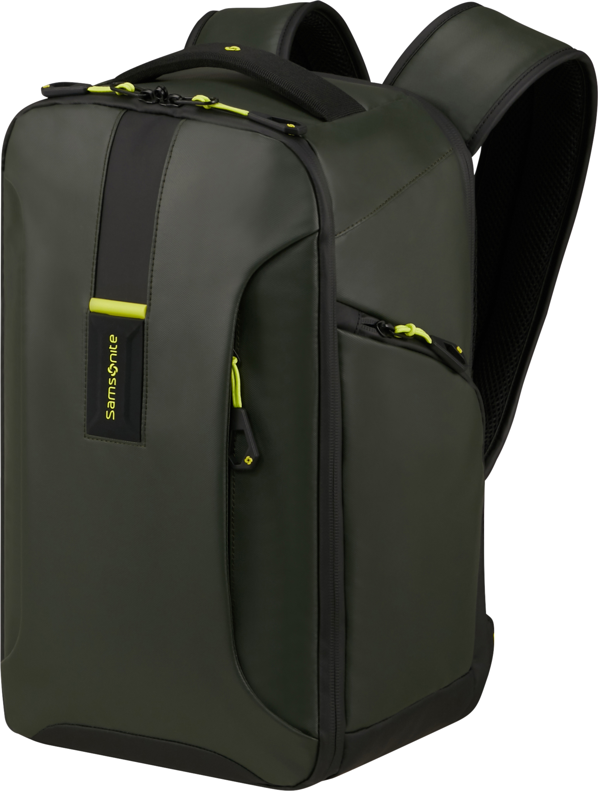 Zöld Samsonite hátizsák. Fekete részletekkel, sárga cipzárhúzókkal és fekete fogantyúval. A márkanév látható.