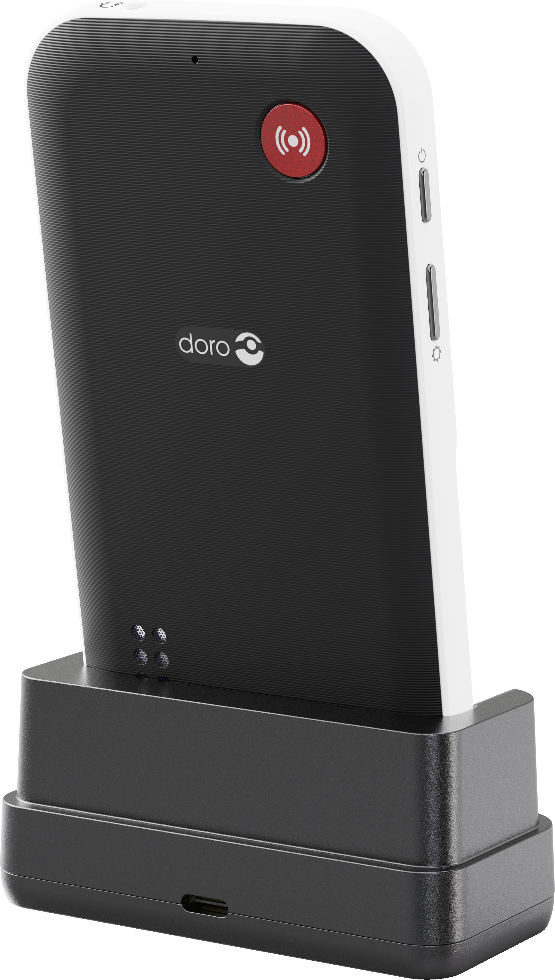 Ein schwarz-weißes Telefon auf einer schwarzen Ladestation. Es hat eine rote Taste und den Markennamen 'doro'.