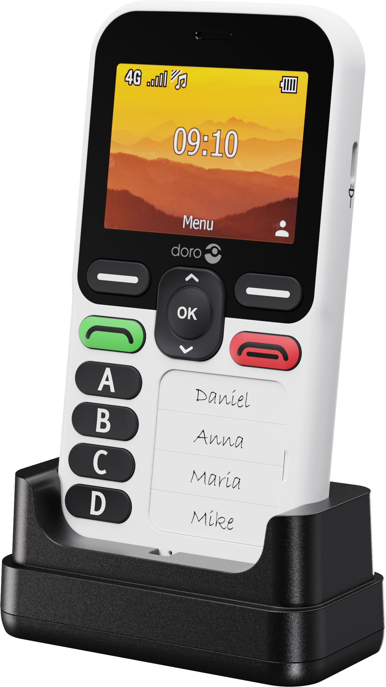 Ein weißes Doro-Telefon in einer schwarzen Wiege zeigt die Uhrzeit an. Es hat Knöpfe und einen Bildschirm mit einer Landschaft.