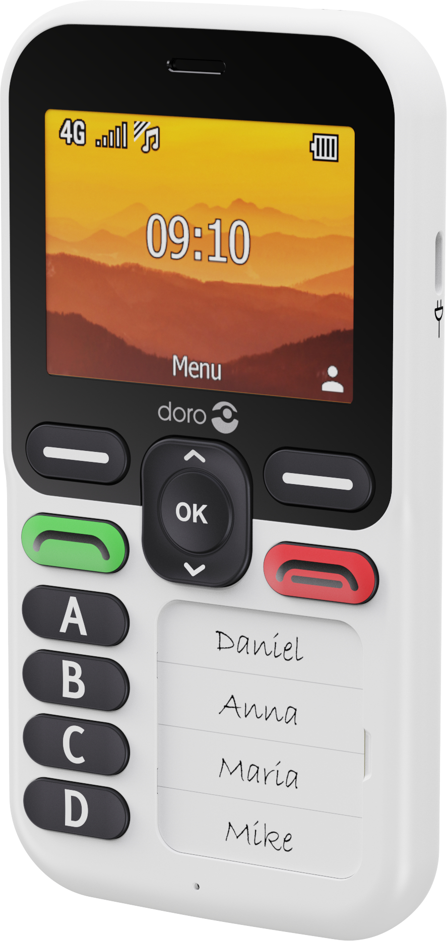 Ein weißes Doro-Telefon mit einem Bildschirm, der 9:10 anzeigt. Es hat große Tasten und eine Kontaktliste. Das Telefon hat einen Hintergrund.