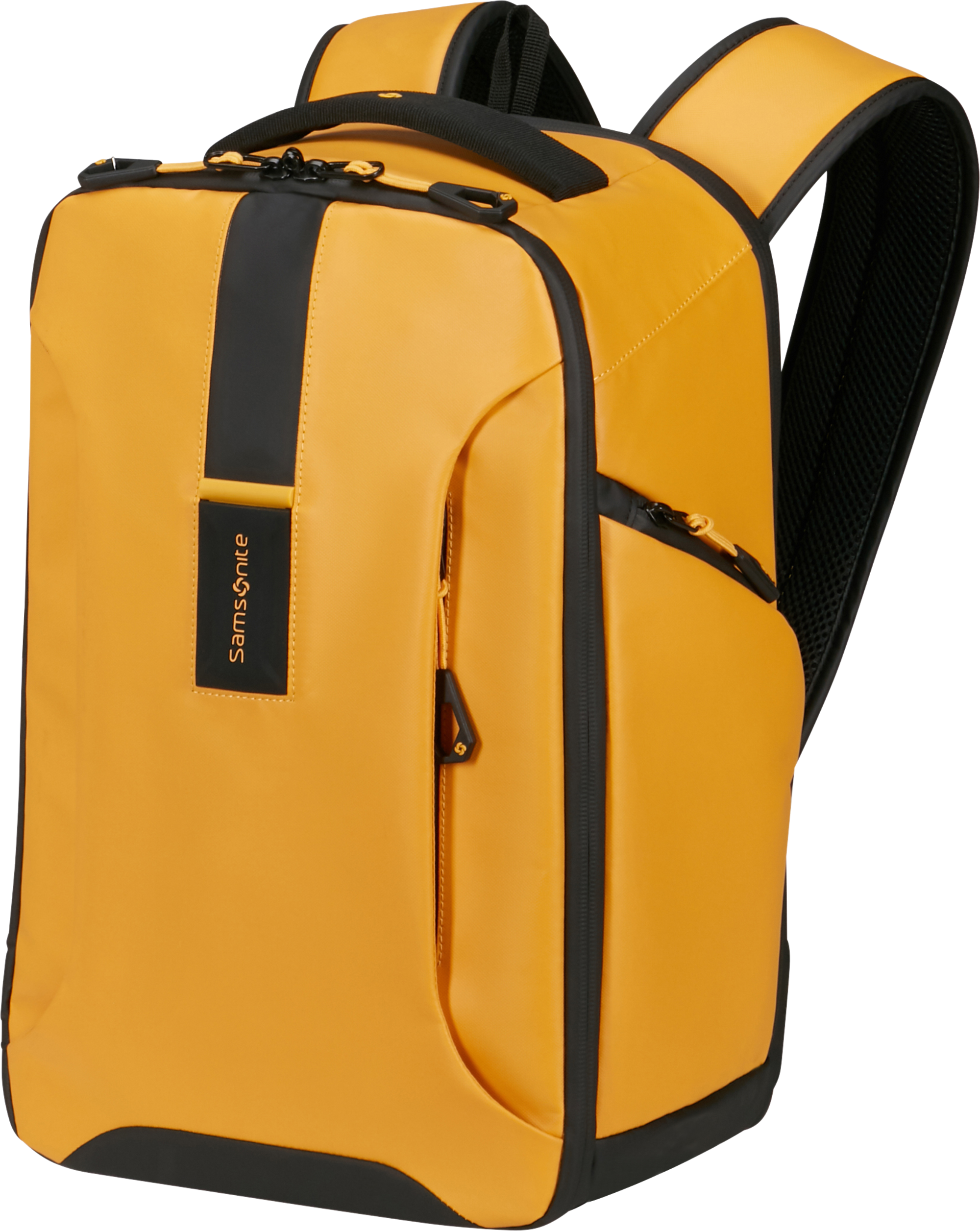 Sárga Samsonite hátizsák fekete díszítéssel. Függőleges fekete csík és cipzár található rajta.
