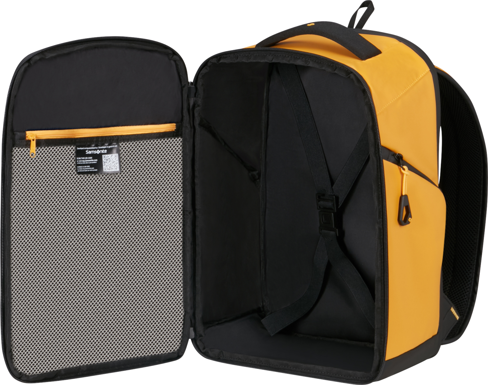 Egy nyitott narancssárga és fekete Samsonite hátizsák. A belseje fekete, hálós zsebbel és sárga cipzárral.