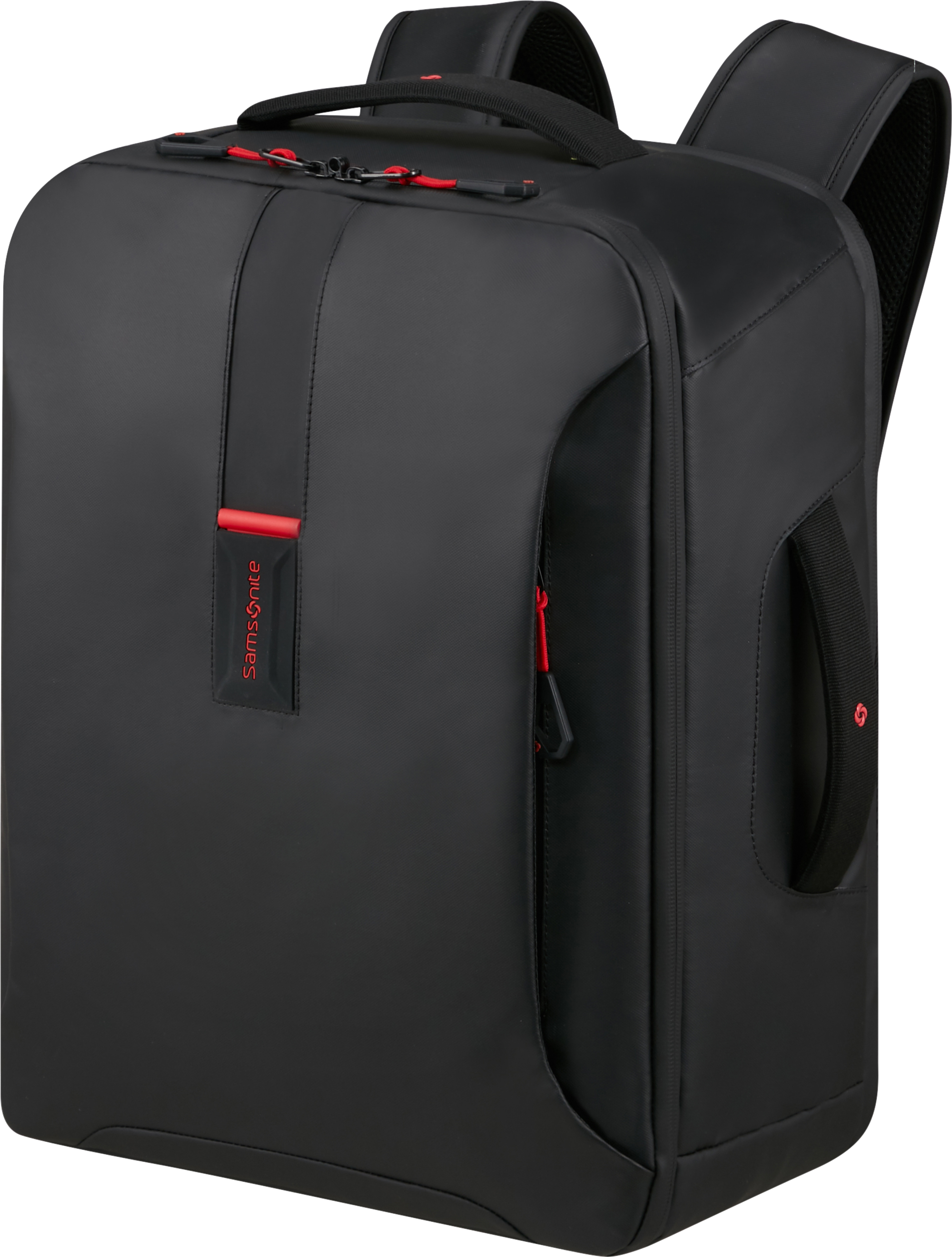 Fekete Samsonite hátizsák piros díszítéssel. Fogantyú, vállpántok és cipzáras rekesz. Samsonite logó látható.