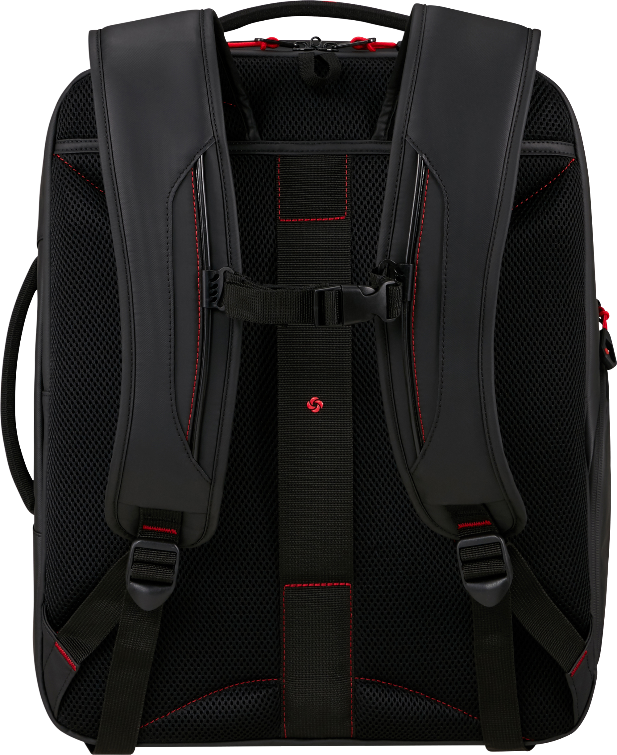 Fekete hátizsák hátulja piros varrással és hálóval. Hevederek és csatok láthatók. Samsonite logó középen.