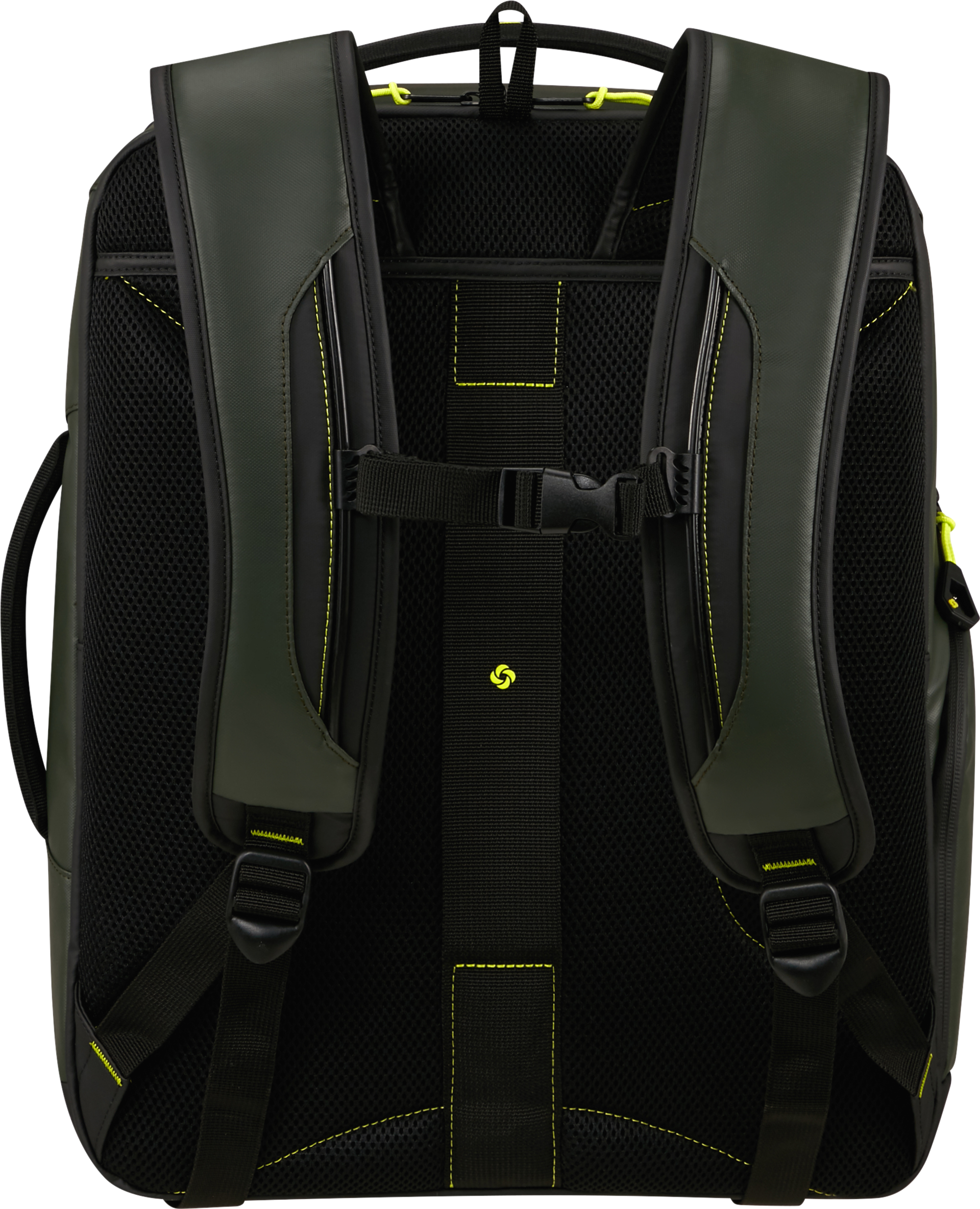 Hátizsák, fekete hálós hát, zöld pántok sárga varrással, fekete pántok és csatok. Samsonite logó látható.