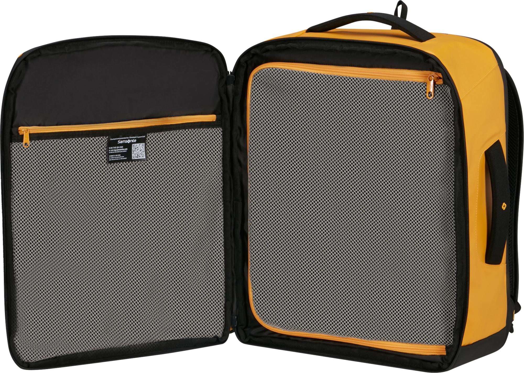 Nyitott sárga Samsonite bőrönd, fekete belső hálós zsebekkel, arany cipzárral és fogantyúval.