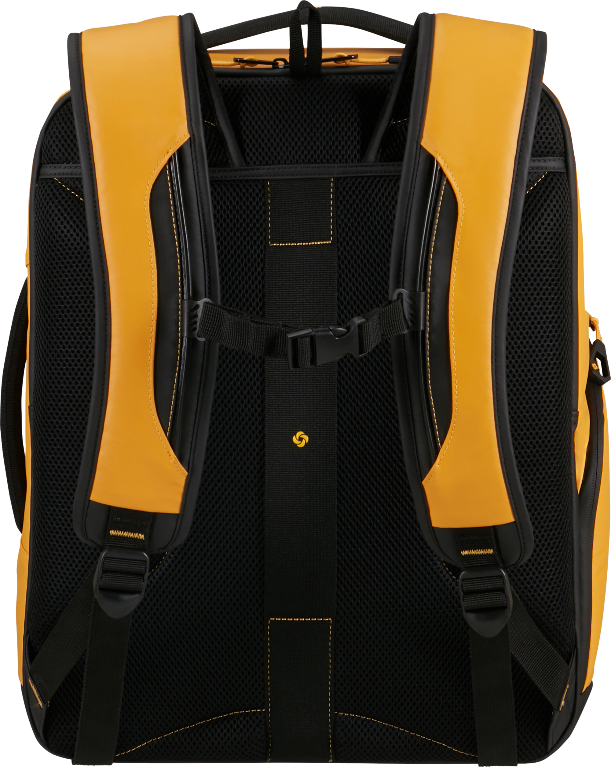 Fekete-sárga hátizsák hátulról. Hálós, pántos, csatos. A Samsonite logója középen.