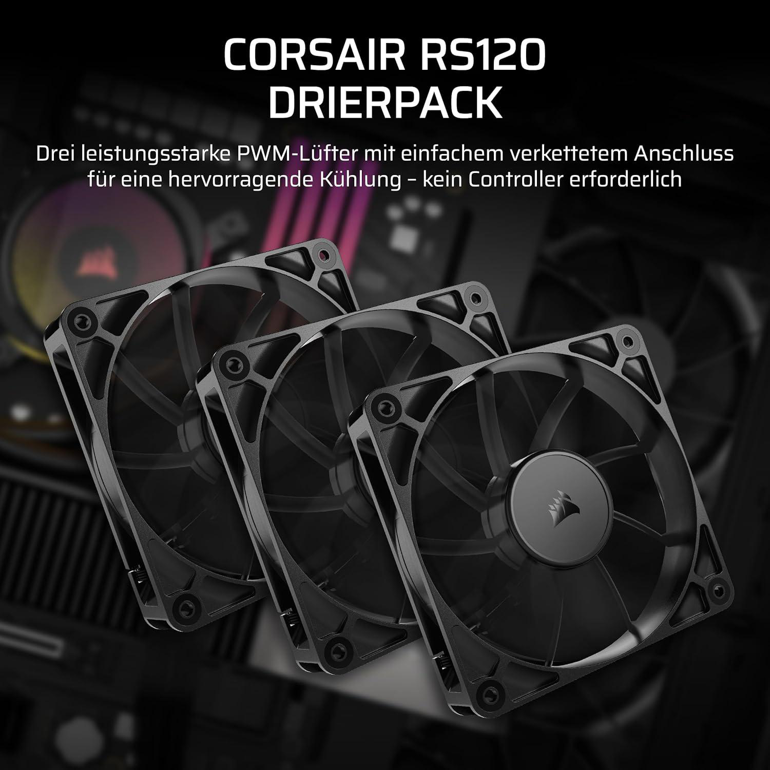 Drei schwarze Computerlüfter diagonal angeordnet. Text: Corsair RS120 Drierpack. Text auf Deutsch über Kühlung.