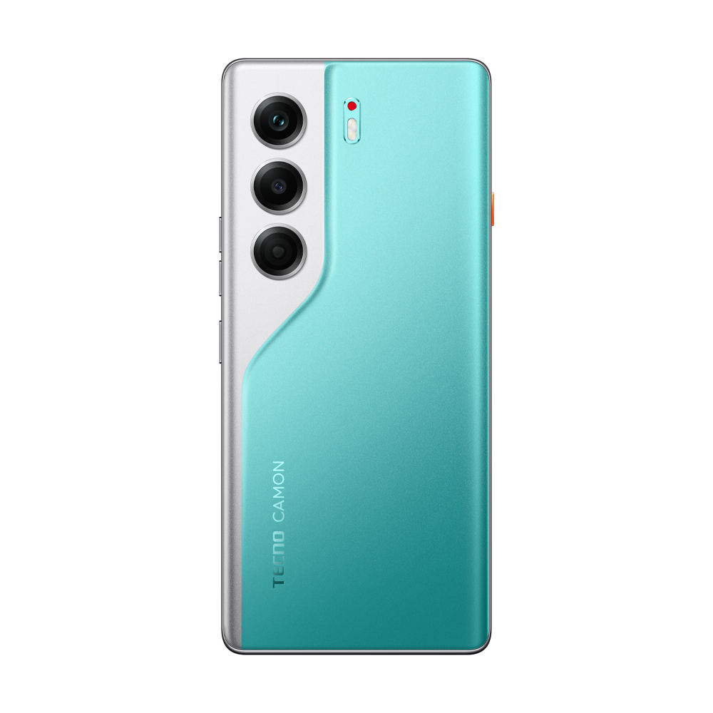 Turkuaz ve beyaz bir akıllı telefon. Üç kamerası, TECNO CAMON markası ve kırmızı bir güç düğmesi var.