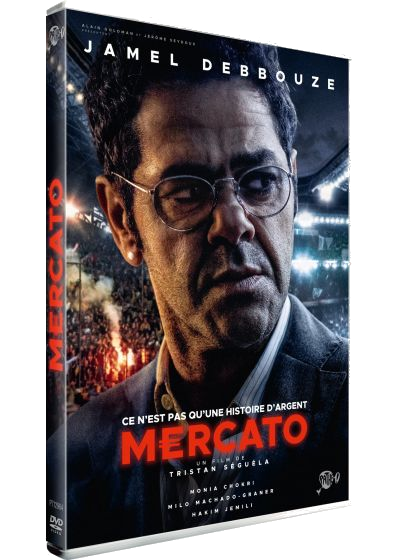 DVD-hoes van de film Mercato. Jamel Debbouze is de hoofdrolspeler. De titel is rood. Menigte op de achtergrond.