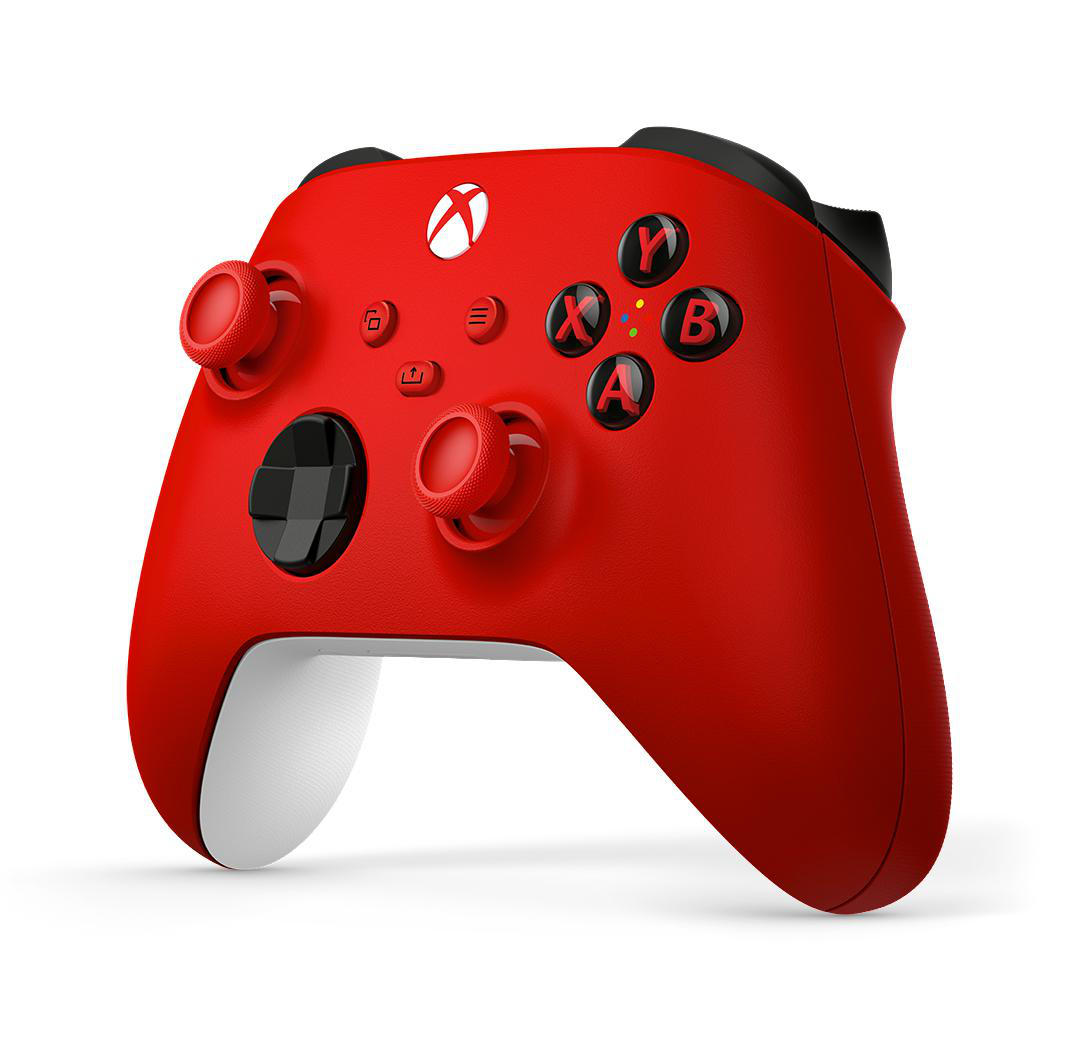 Ein roter Xbox-Controller mit schwarzen Knöpfen und weißem Unterrand, ein weißes Xbox-Logo oben. Der Controller befindet sich auf weißem Hintergrund.