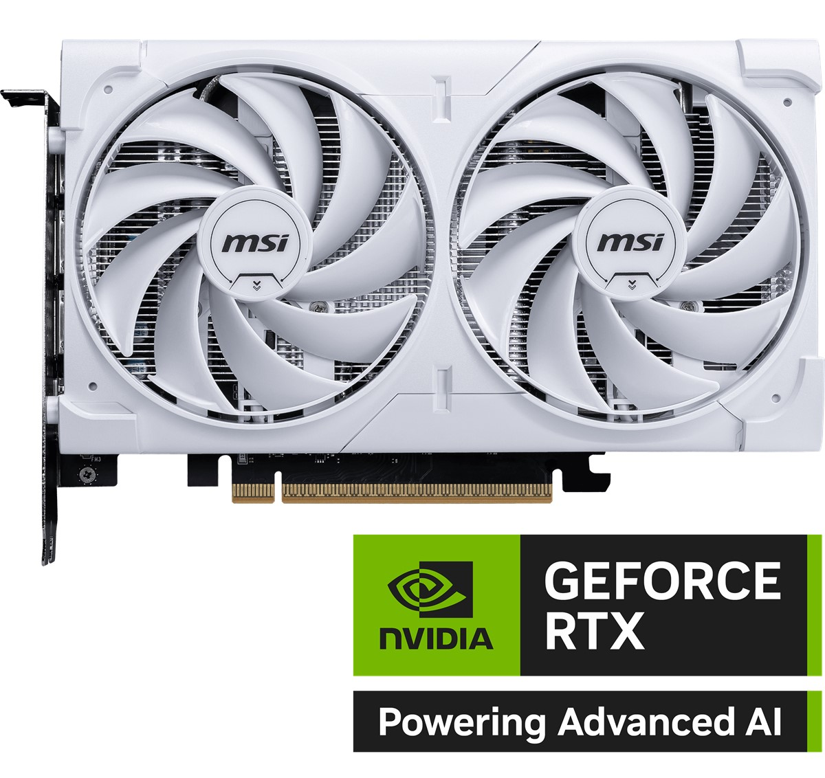 İki fanlı beyaz MSI GeForce RTX grafik kartı. Altta NVIDIA logosu ve 'Powering Advanced AI' yazısı.