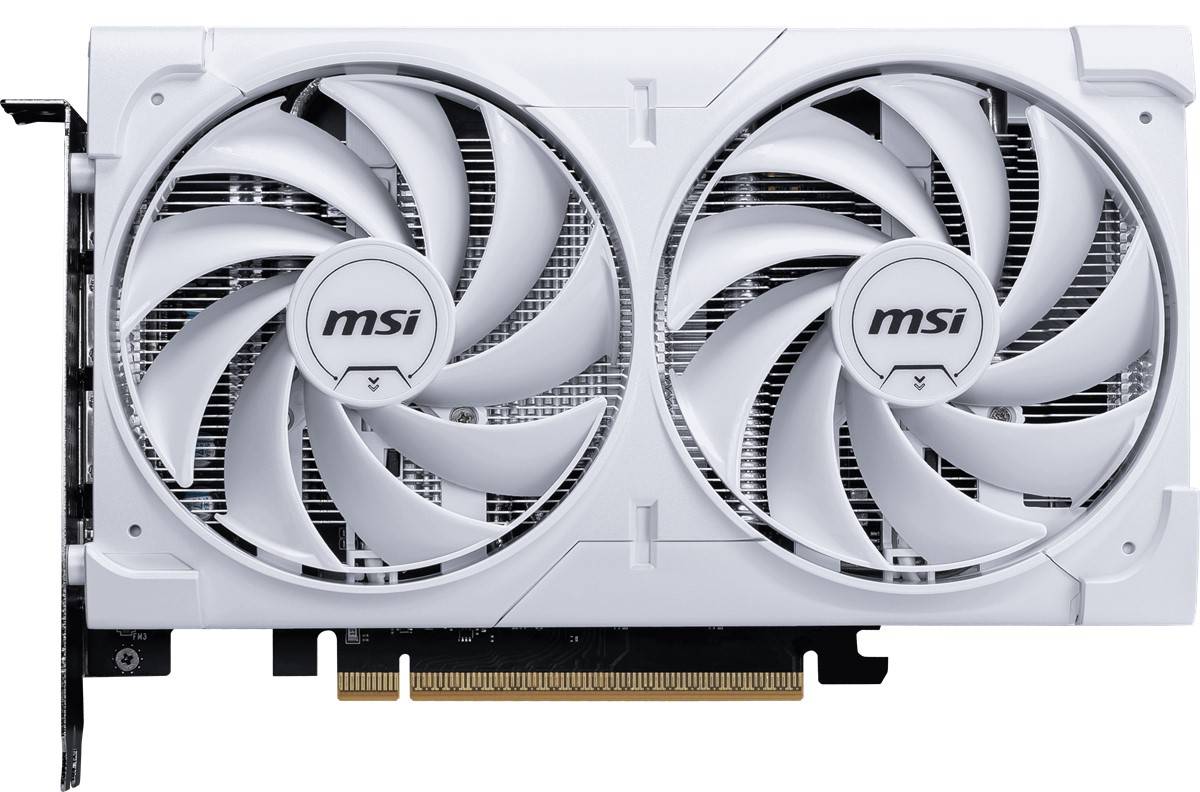 İki büyük fanı olan beyaz bir MSI grafik kartı. Her fanın kanatları ve merkezi bir MSI logosu vardır. Kartın siyah bir bağlantı noktası vardır.
