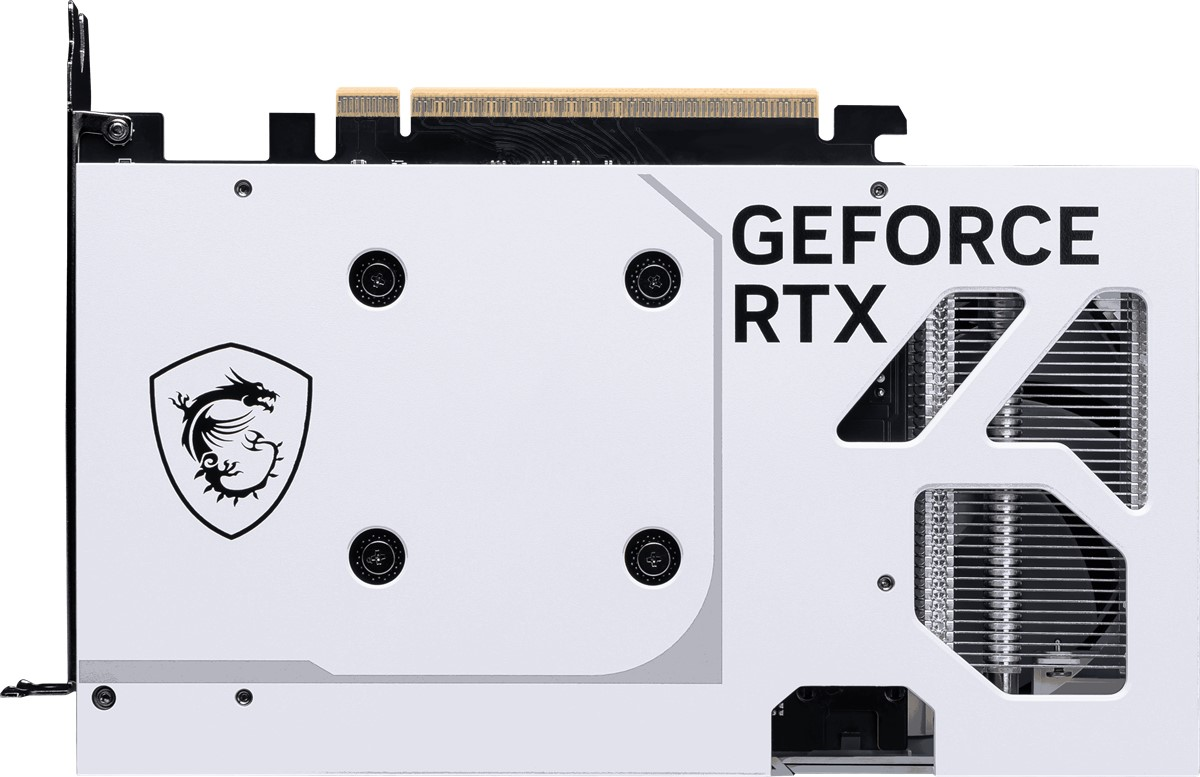Siyah detaylara sahip beyaz grafik kartı. MSI ejderha logosu, GeForce RTX yazısı ve soğutma kanatları bulunur.