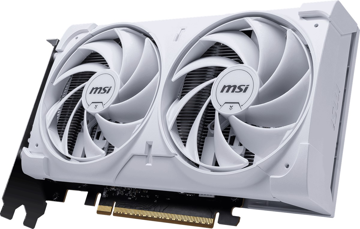 İki fanlı beyaz bir MSI grafik kartı. Fanların ortasında MSI logosu var. Altında siyah devre kartı.