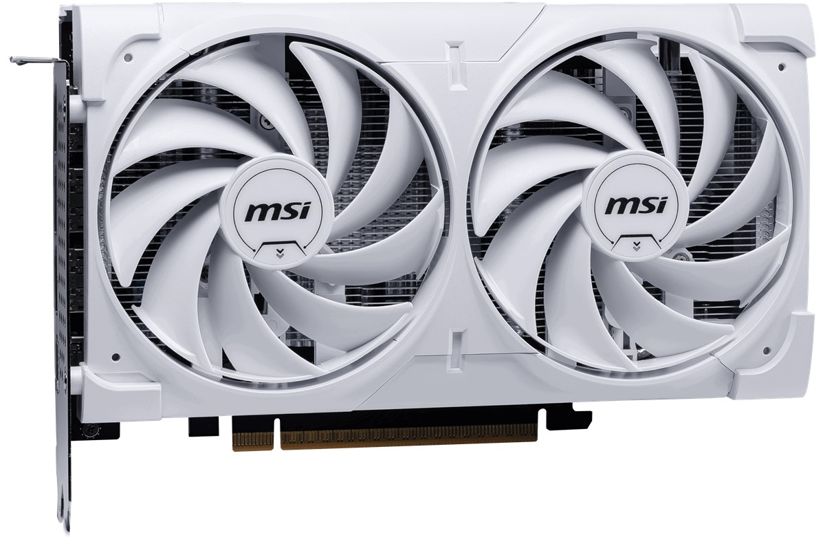 İki fanlı beyaz bir MSI grafik kartı. Fanların beyaz kanatları ve MSI logosu var. Kartın siyah bir konektörü var.