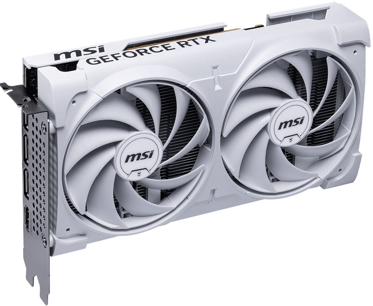 Beyaz bir MSI GeForce RTX grafik kartı. İki büyük fanı, 'msi' logosu ve çeşitli bağlantı noktaları var. Kart beyaz bir arka plan üzerinde.