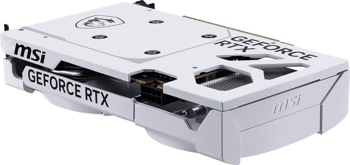 Beyaz bir MSI GeForce RTX grafik kartı. Kartın üzerinde siyah metin ve bir ejderha logosu var. Beyaz bir arka plan üzerinde.